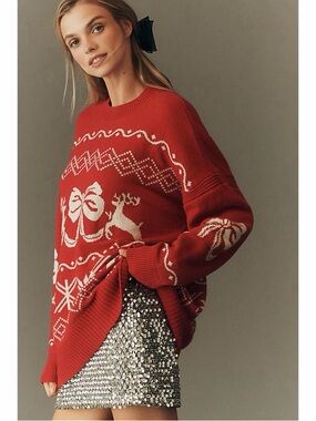 ANTHROPOLOGIE Maeve Reindeer Graphic Crew Neck Oversized Sweater Red Wool Blend